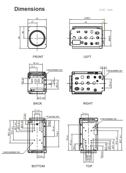 Technical drawing with dimensions of a device from different angles