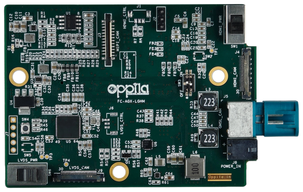 Oppila FC-AGX-LGHM AGX Orin MIPI CSI-2 bridge board front view with LVDS, HDMI, GMSL and native MIPI camera connectors