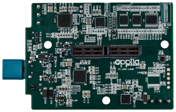 Oppila FC-AGX-LGHM AGX Orin MIPI CSI-2 bridge board rear view showing the 120-pin camera expansion connector